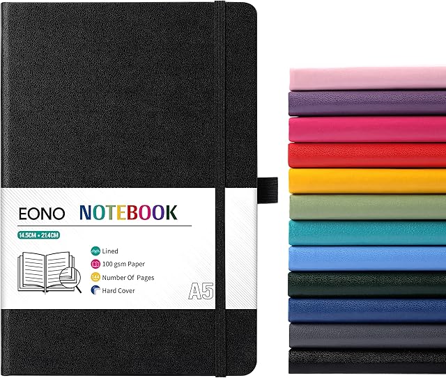 Amazon Brand - Eono Notebook A5, Notebook A5 with Premium Paper, Faux Leather Classic Writing A5 Notebook Journal, 5.4" X 8.3", Hardcover, Black