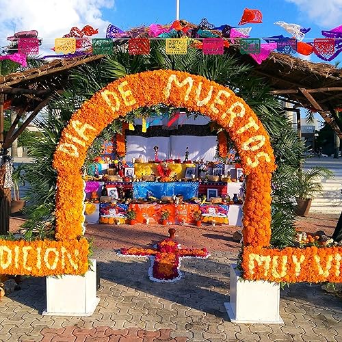 Miniatura 4 de SUNKIM Decoraciones del Día de los Muertos, 69 piezas de flores de caléndula y pancartas mexicanas para fiesta del Día de los Muertos, decoraciones