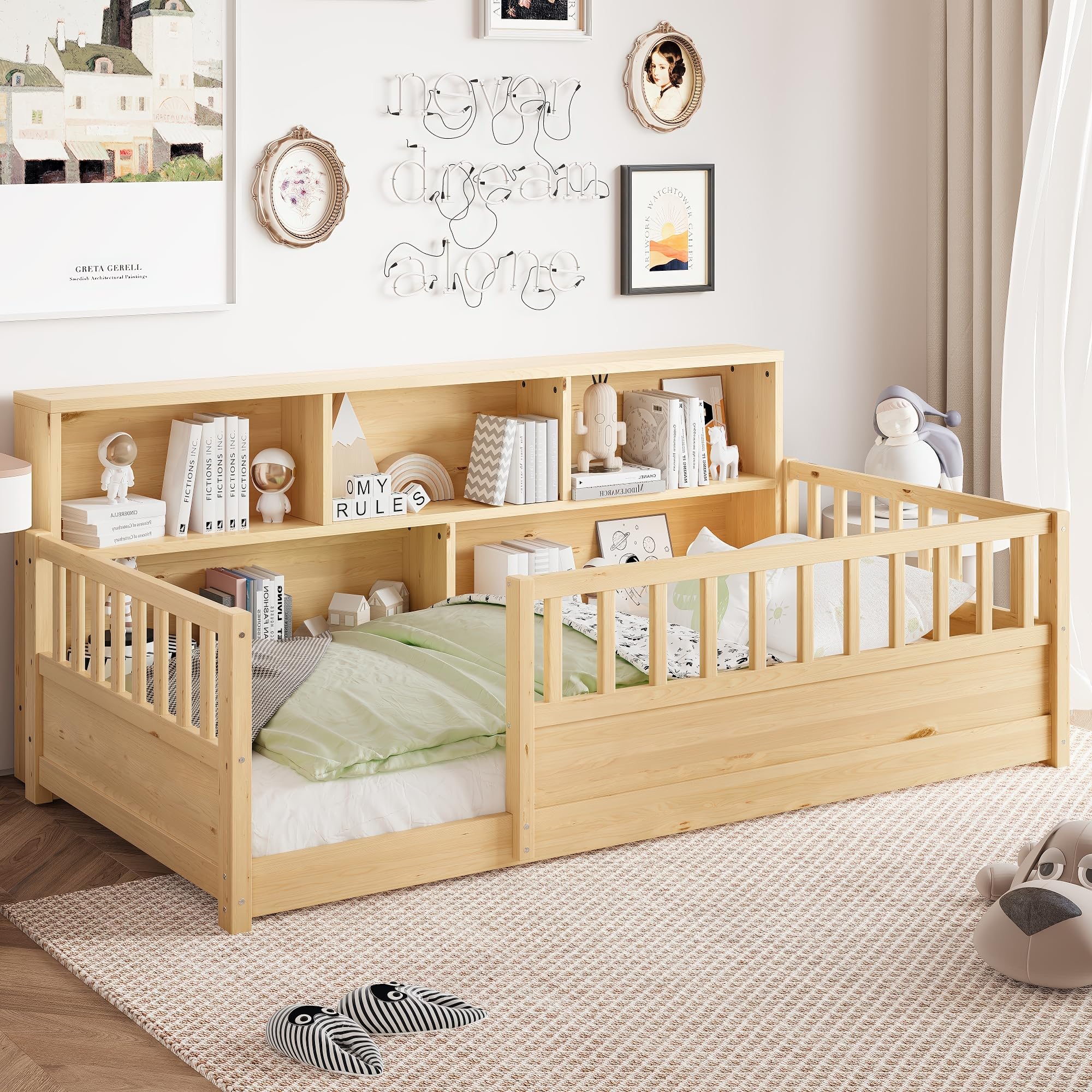Bellemave Twin Size Montessori Floor Bed with Bookcase, Twin Floor Bed with High Fence and Storage Shelves, Easy Assemble Montessori Beds Frame for