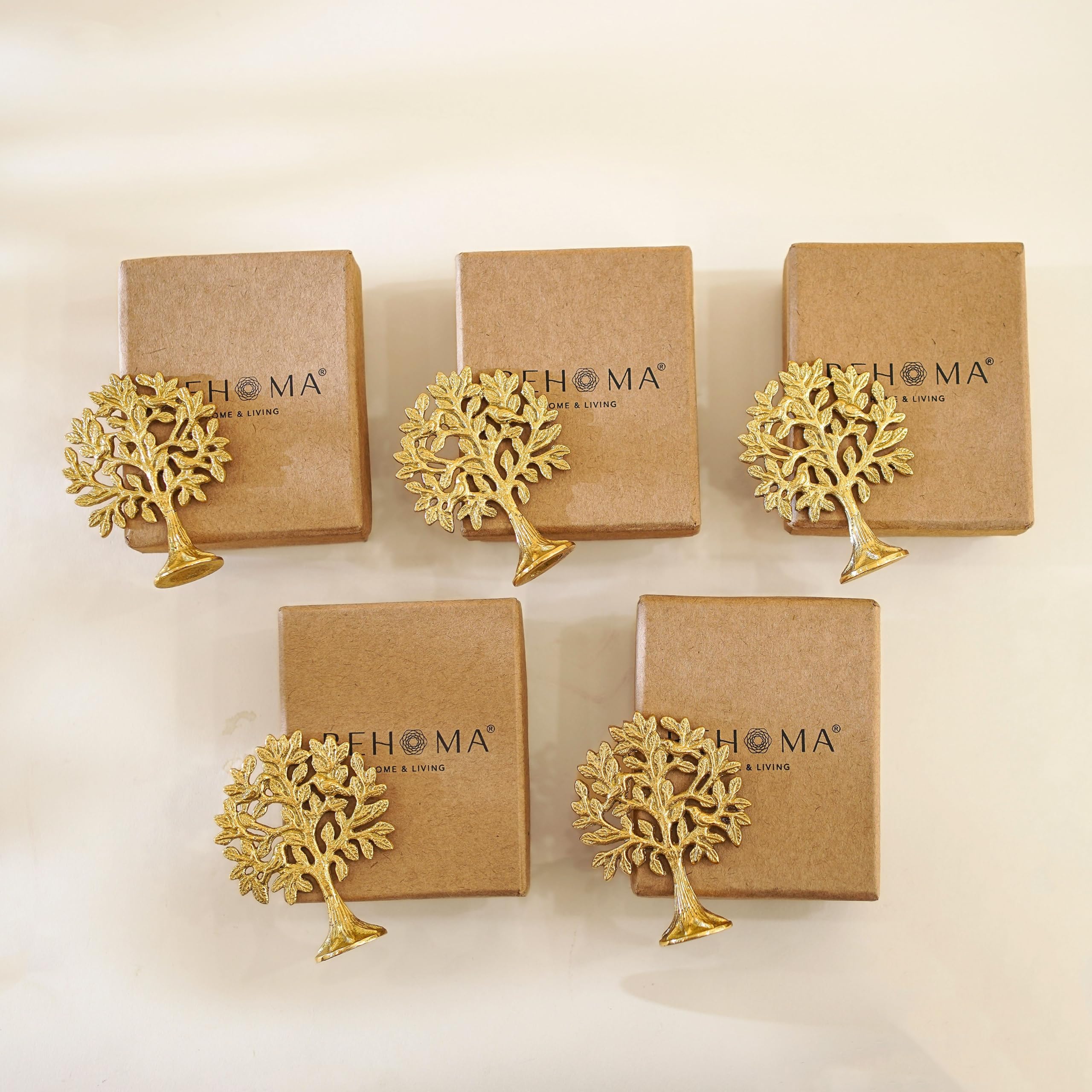 BEHOMA 100% Pure Brass (8.5 cm) Kalpvriksh Tree with Birds Set - Set of 5 | Kalpavriksha Tree of Life Showpiece for Table Decor | kalpvriksha Vastu & Fengshui Decor, Home & Puja Temple Ornament,
