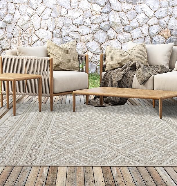 the carpet Calgary dywan do wnętrz i na zewnątrz, płasko tkany, nowoczesny design, modne kolory, super płaski, odporny na promieniowanie UV i warunki atmosferyczne, beżowy, 160 x 220 cm