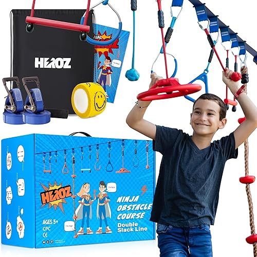 HEROZ Carrera de obstáculos Ninja Warrior para patio trasero de niños, 2 x 65 pies, línea floja ninja con 10 accesorios resistentes a la intemperie