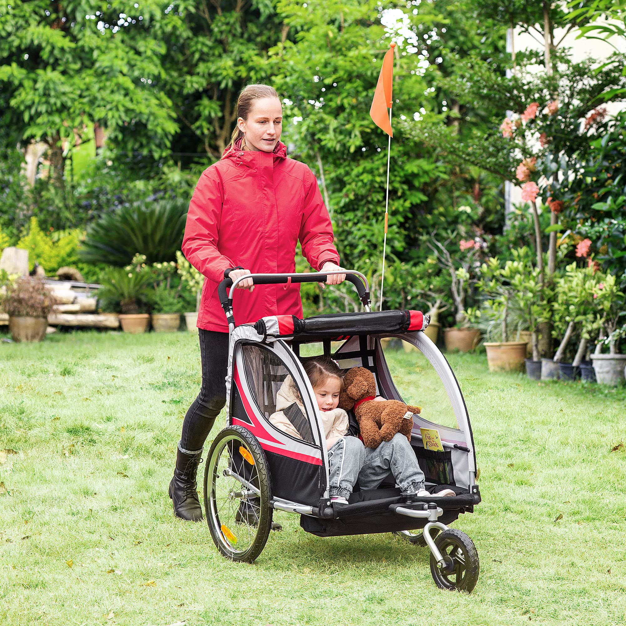 HOMCOM Remorque vélo pour Enfant 2 en 1 Convertible Jogger Poussette capacité 26,4 kg avec réflecteurs et Drapeau - 2 Places