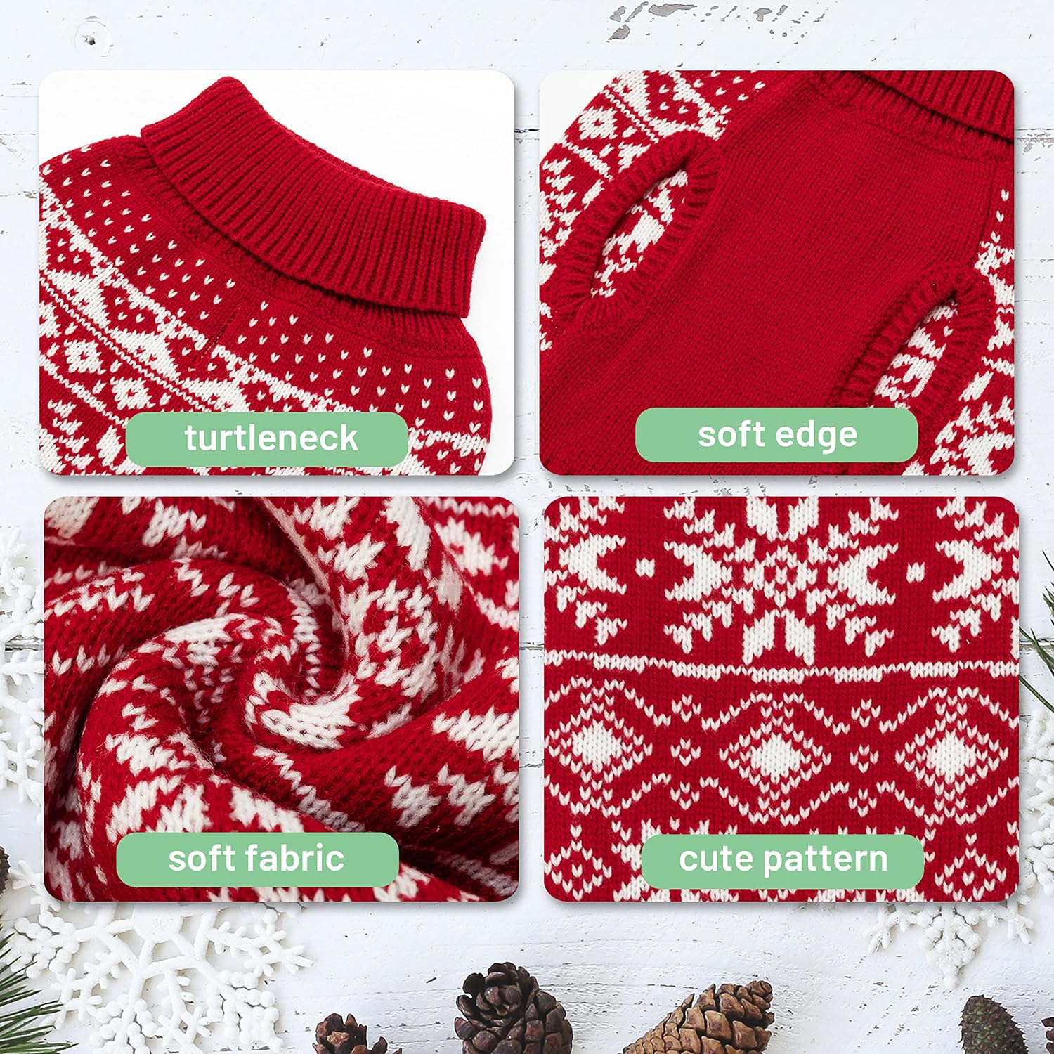 Christmas Dog Sweater, Cute Snowflake Knit Turtleneck Pullover | Winter Warm Pet Clothes for Small Medium Large Dogs, Holiday Daily Wear