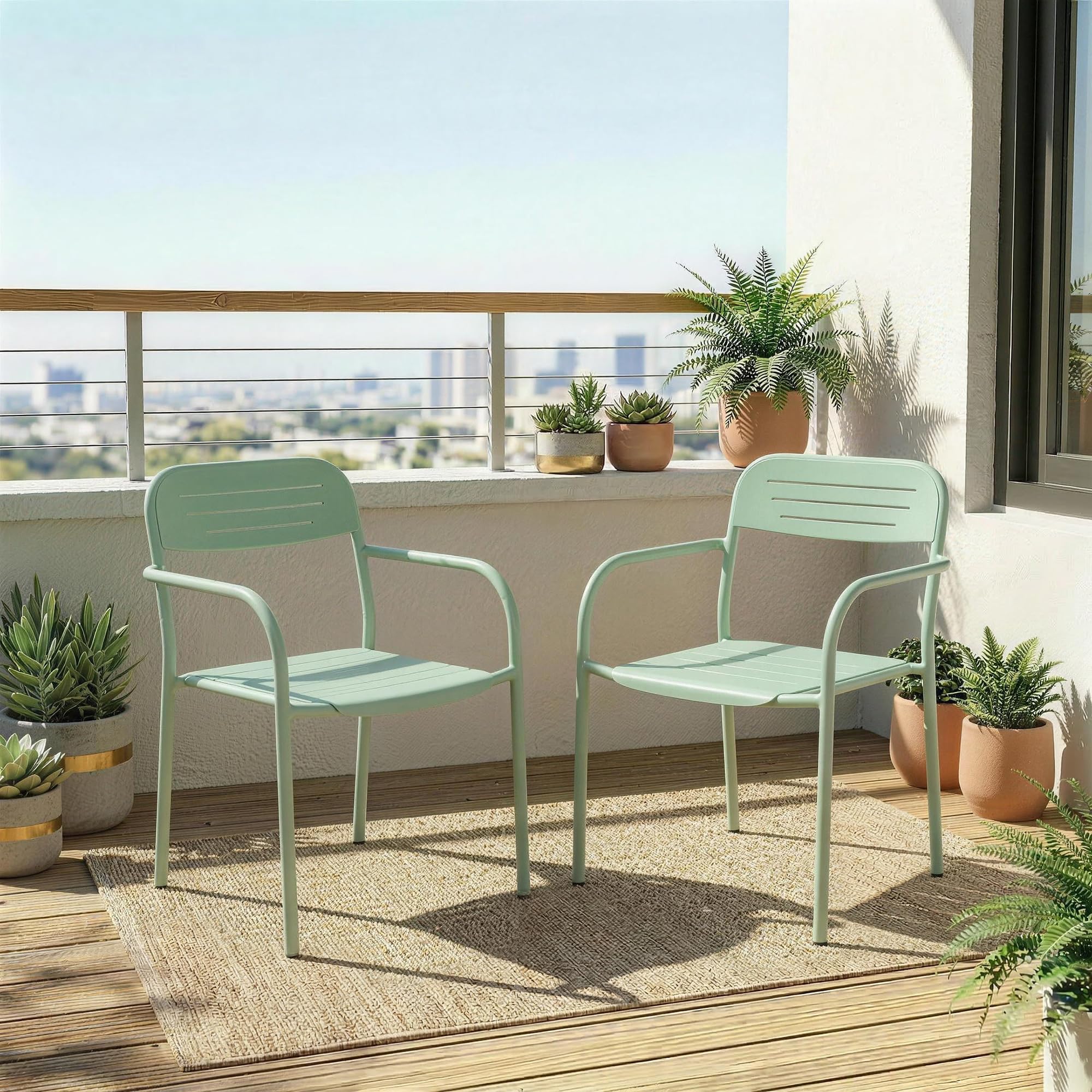 Outsunny Lot de 2 Chaises de Jardin Métal Antirouille - Fauteuil Salon Extérieur Empilable Résistant aux Intempéries avec Accoudoirs - Meuble pour Aménagement Balcon Terrasse et Bistro, Vert