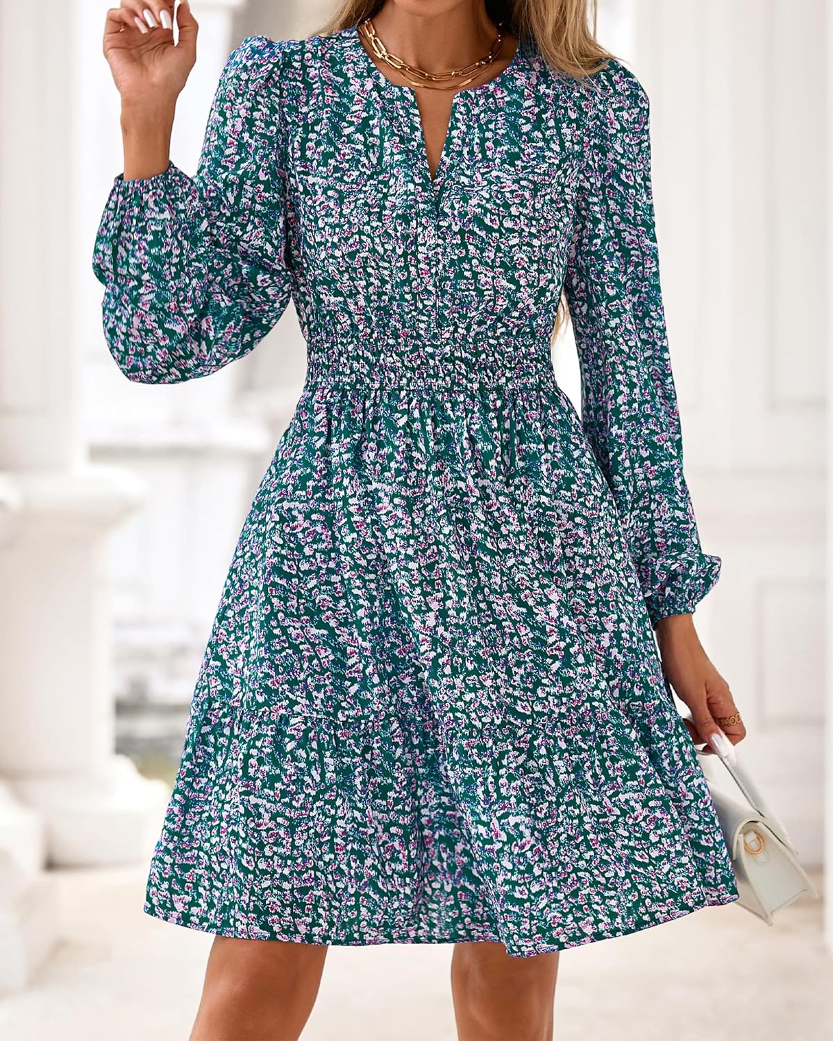 BTFBM Long Sleeve Dress for Women 2026 Spring Summer Mini Elastic Waist Floral Boho Beach Vacation Wedding Guest Dresses - Image 2