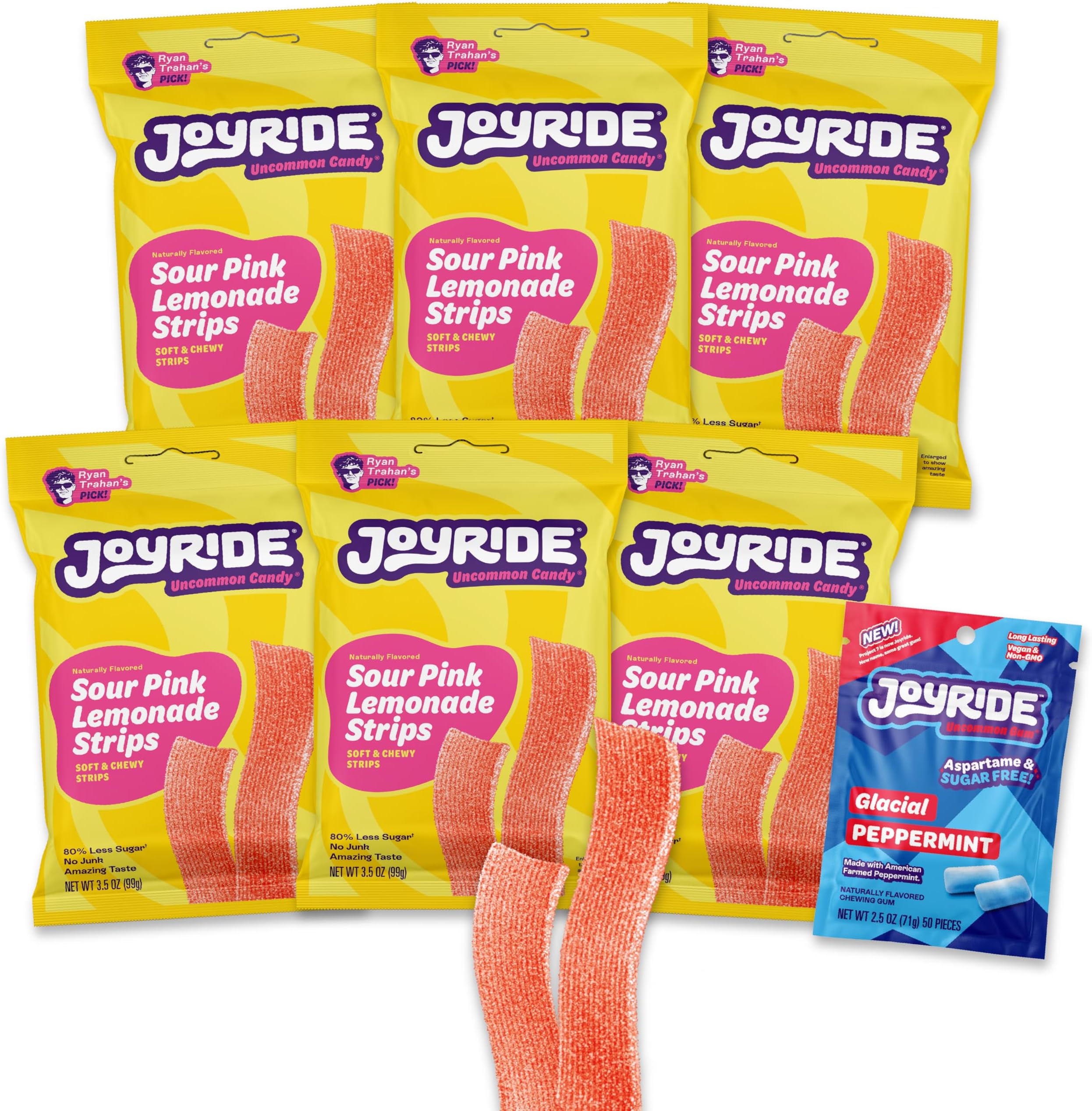 JOYRIDE Pink Lemonade Sour Strips - 3.5 oz 6-Pack Bundle with 2.5oz Glacial Peppermint Gum, Low Sugar, Sour Belt Candy, Dye Free, Low Calorie Snacks, Healthy Candy (7 Items)