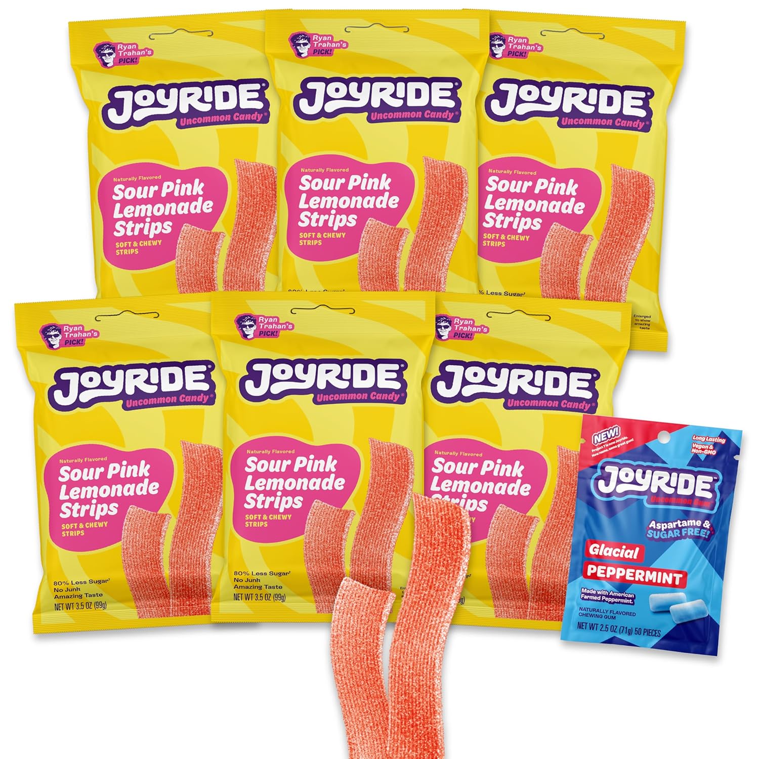 JOYRIDE Pink Lemonade Sour Strips - 3.5 oz 6-Pack Bundle with 2.5oz Glacial Peppermint Gum, Low Sugar, Sour Belt Candy, Dye Free, Low Calorie Snacks, Healthy Candy (7 Items)