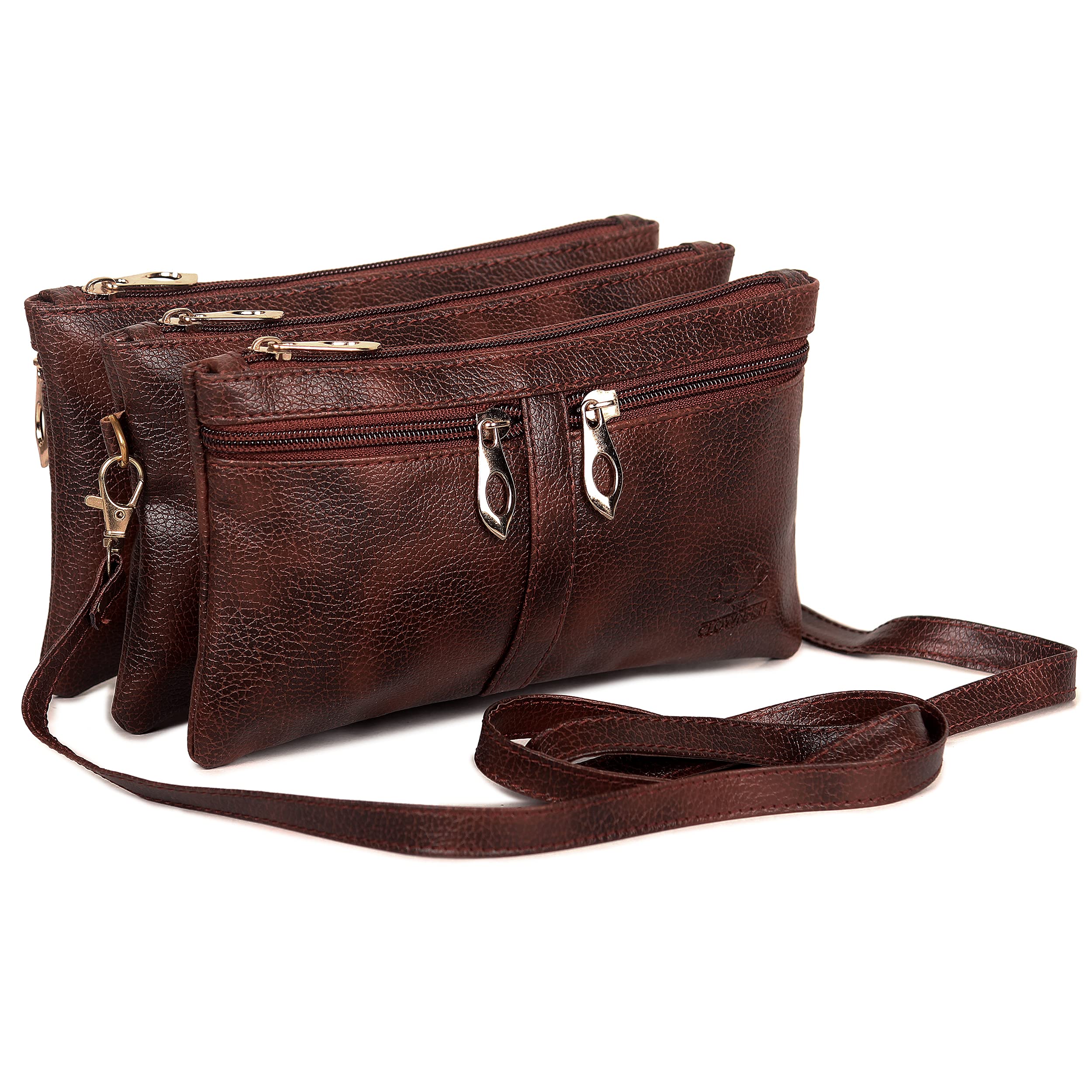 THE CLOWNFISHTiffany Triple Layered Ladies Wallet Purse Womens Sling Bag with Shoulder Belt (Dark Brown)