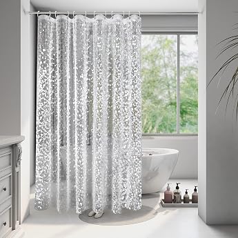 EurCross Extra Wide Transparent Shower Curtain 240 x 200 cm with 3 Stronger Magnets Bottom Waterproof and Anti-Mould 3D Pebbles Pattern EVA Bath Curtain with 16 Rings