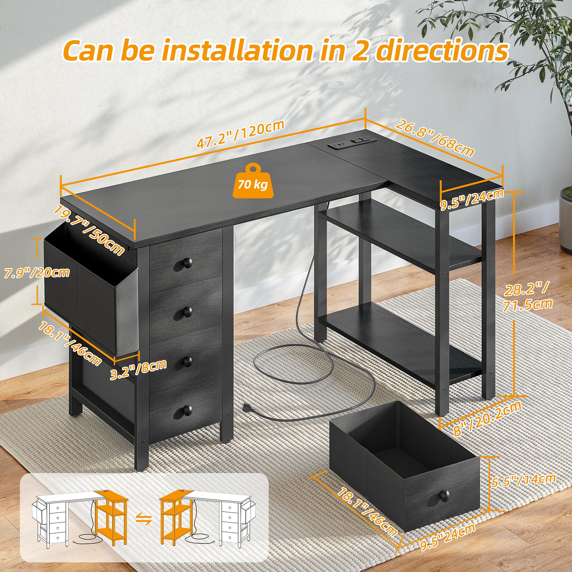 BEXEVUEE Small L Shaped Desk With Power Outlets - 120x70 Cm Corner Computer Desk | UK