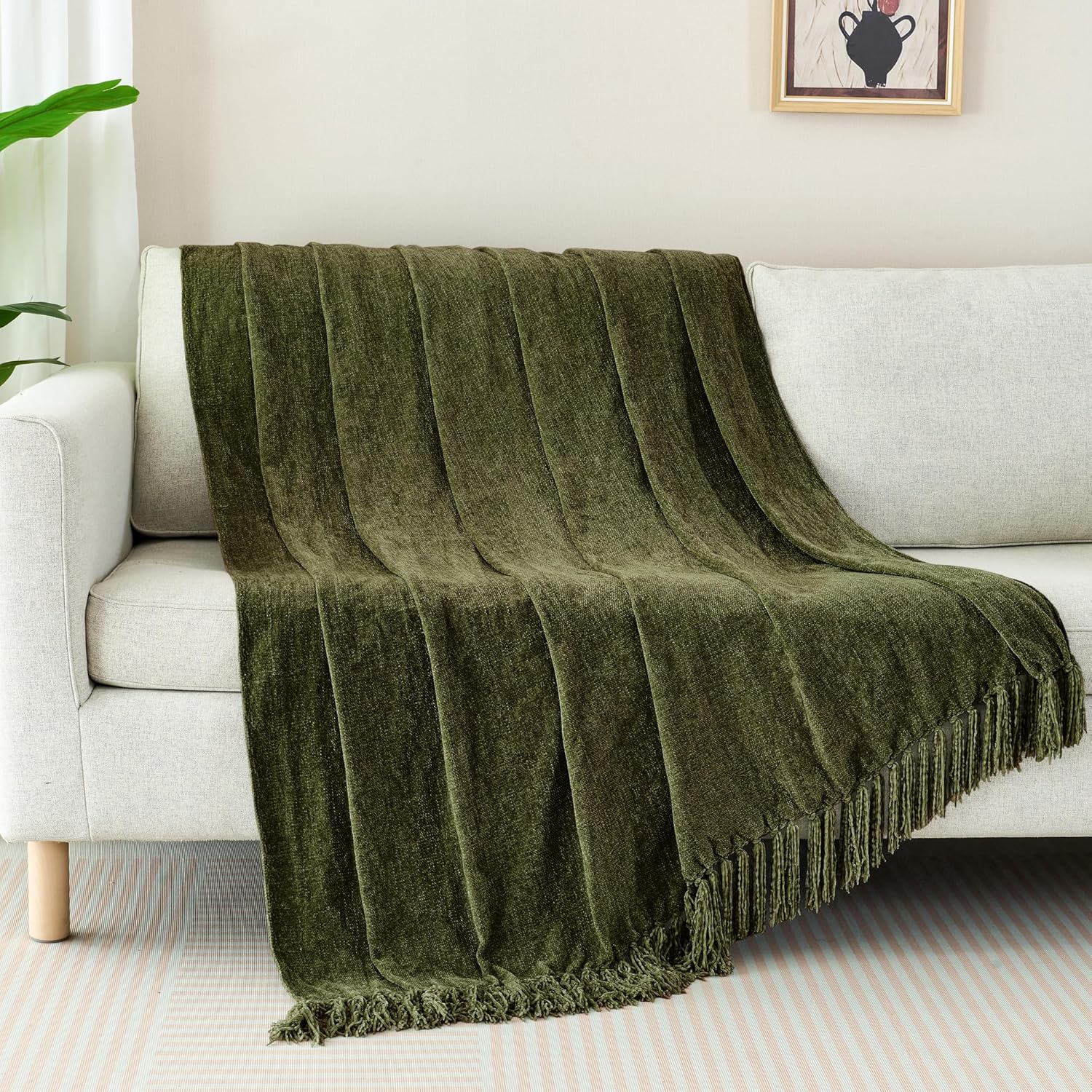 Chenille Throw Blanket for Couch with Tassels,50"X60" Soft Cozy Lightweight Knitted Boho Decorative Blankets for Bed and Sofa,Olive Green - Image 6