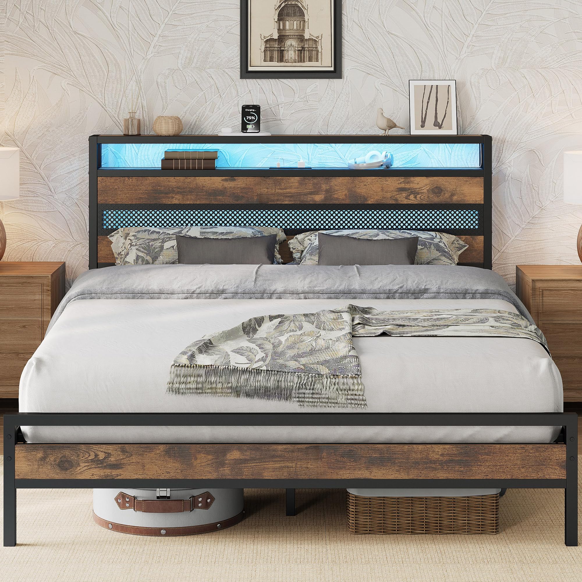 IRONCK 5ft King Size Bed Frame with Storage Headboard and Charging Station/LED Lights, Metal Platform Bed Frame King Size, Reinforced Strong Support Leg, UnderBed Storage, Vintage Brown