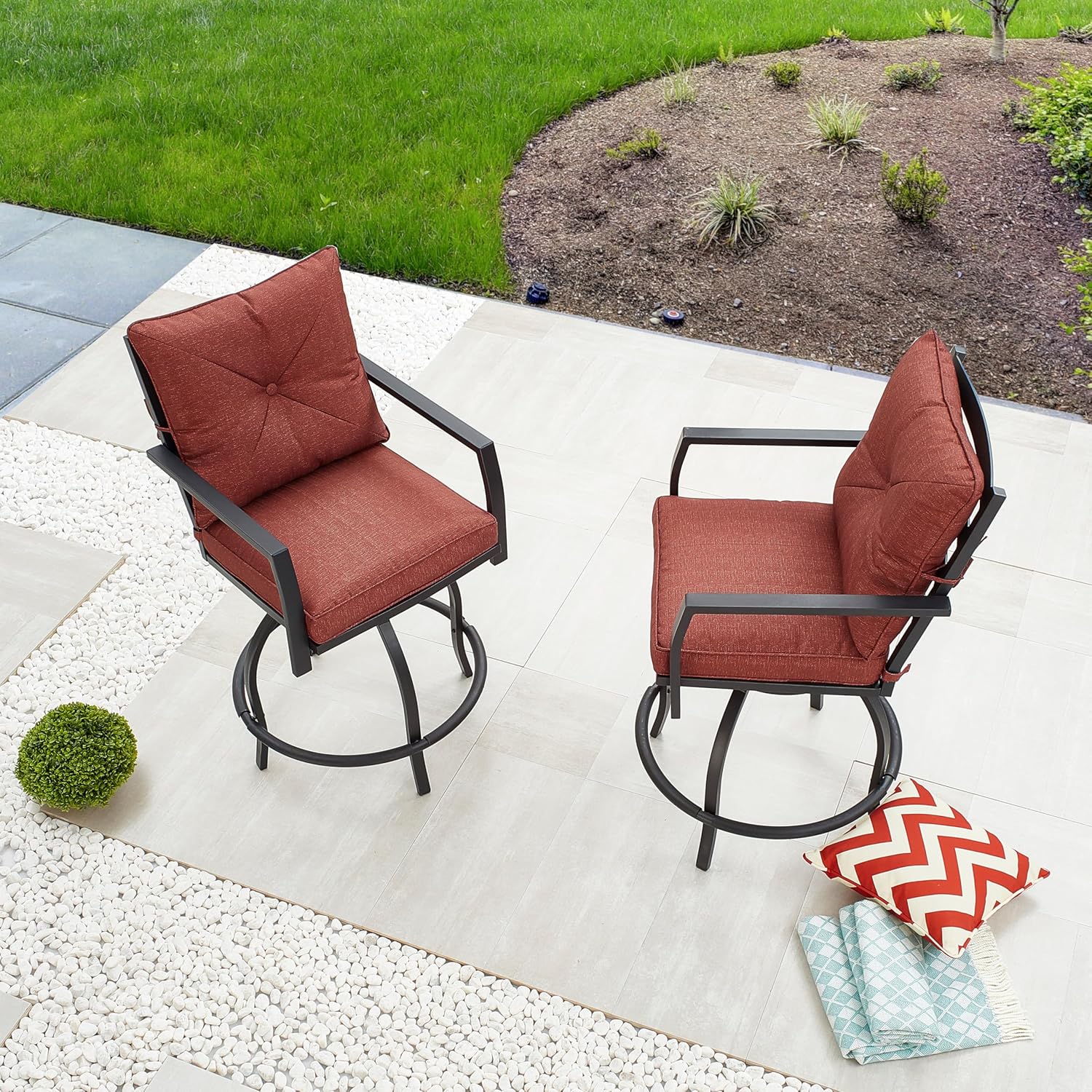 LOKATSE Home 2 PCS Outdoor Patio Bar Height Swivel Chairs with Seat and Back Cushions, for Backyard, Garden, Bistro, Deck, Poolside