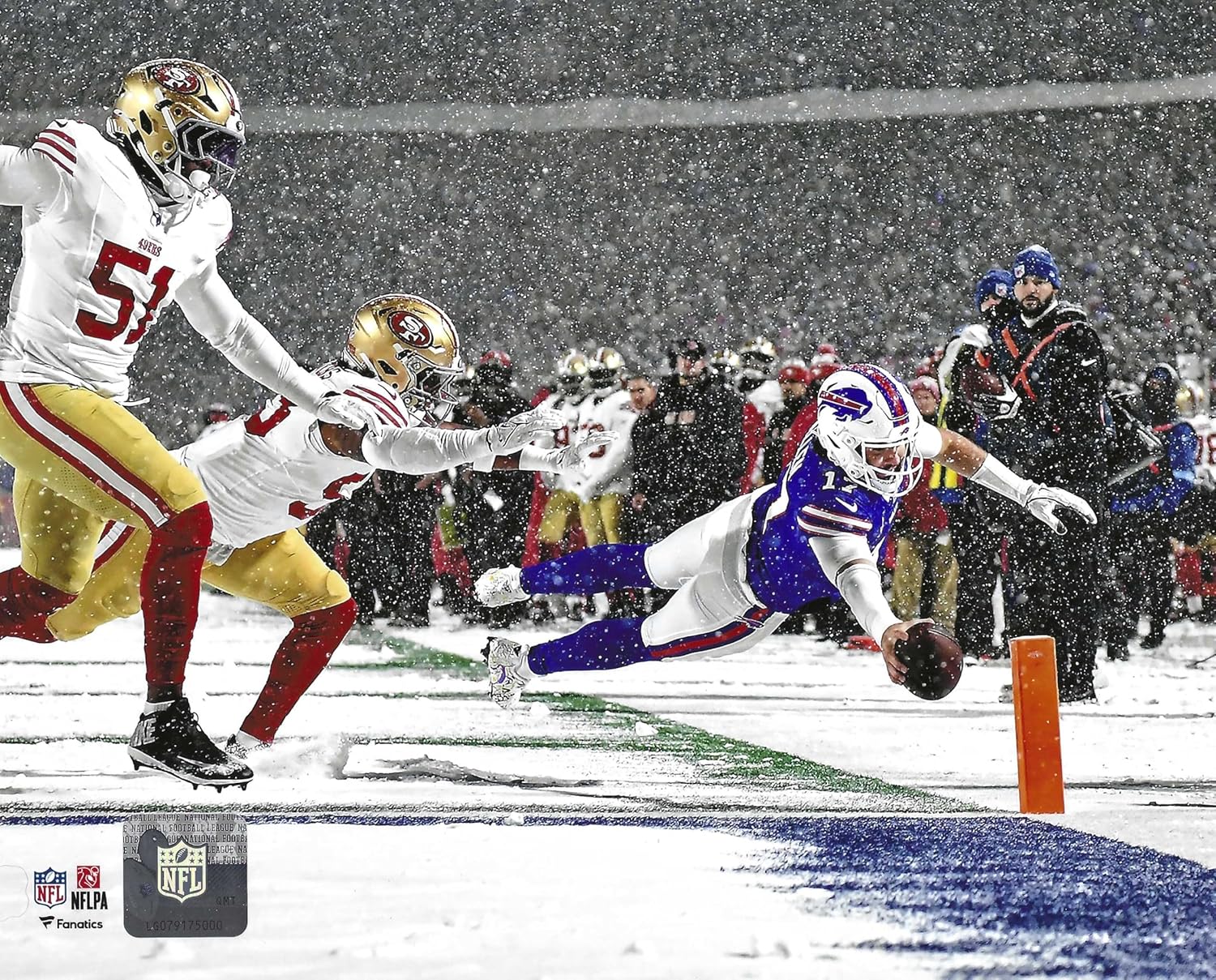Buffalo Bills Quarterback Josh Allen Leaps Into The End Zone During a Game In The 2024 Season 8x10 Action Photo Picture -Officially Licensed NFL Collectible Matte Print for Fans & Memorabilia Collectors | Football Wall Art