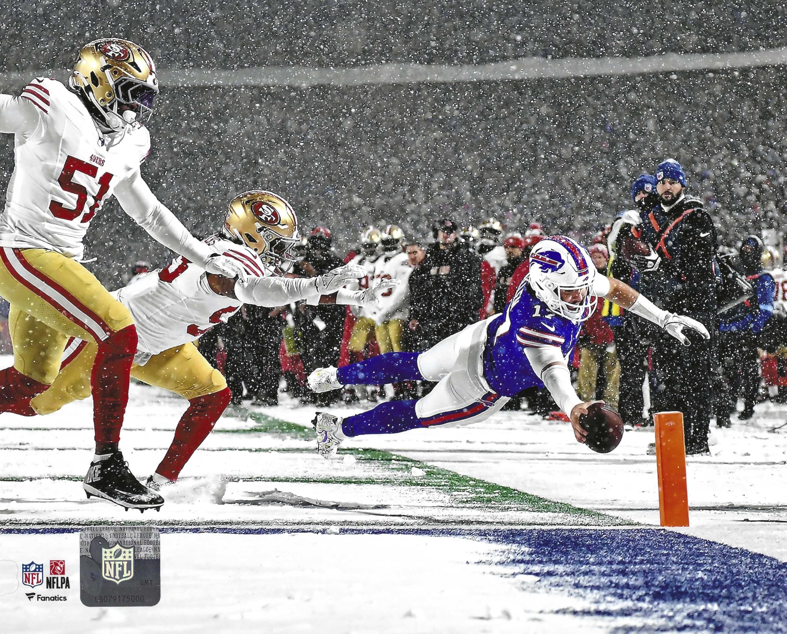 Buffalo Bills Quarterback Josh Allen Leaps Into The End Zone During a Game  In The 2024