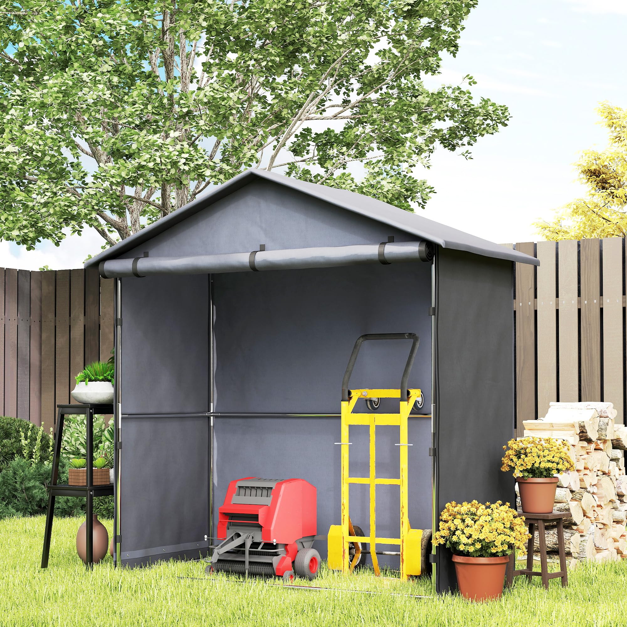 Outsunny Tente de Garage 1,1x2 m avec entrée Enroulable, Cordes et piquets, Acier galvanisé et Oxford 420D Tente de Garage extérieure, pour vélos et Outils de Jardin, UV30+, Gris foncé