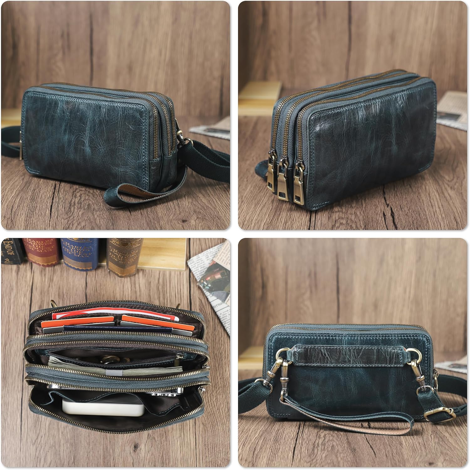 Top Grain Genuine Leather Clutch Wristlet Wallet for Man & Woman, Handmade Vintage Design, Multi Pockets & Slots & Adjustable Strap, Large Capacity for Cards/Checks/Money/Passport/Phone, Dark Blue - Image 3