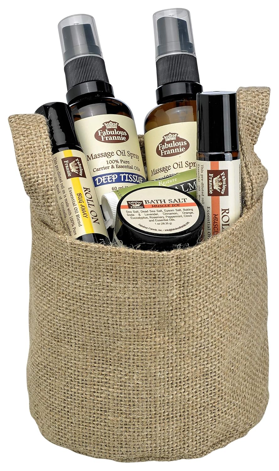 Fabulous Frannie All Natural Sport Lover's Gift Basket Includes 10ml Pre-Diluted Essential Oil Blend, .15oz Lip Balm, 1oz Bath Salt, and 2oz Massage Spray