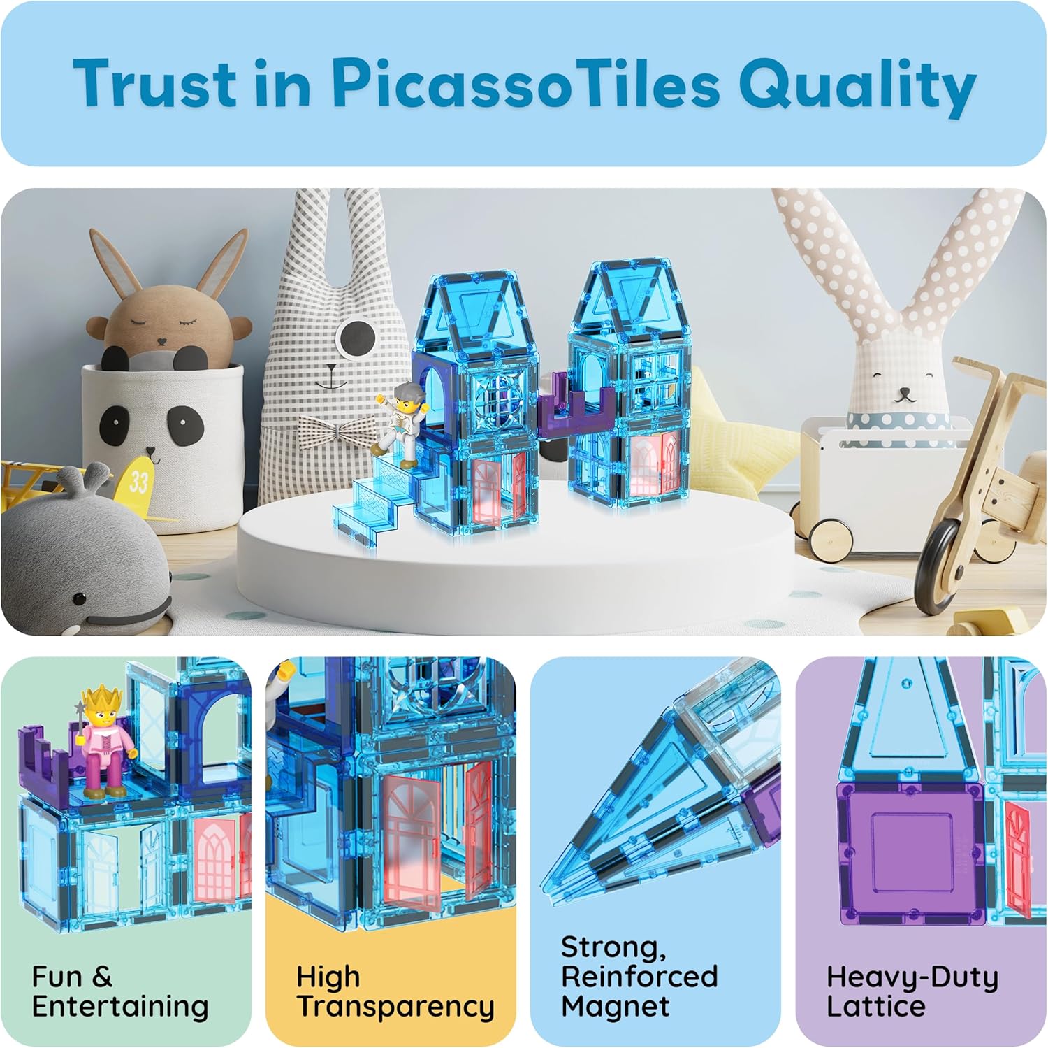 PicassoTiles 72 Piece Magnetic Building Tiles Castle Winter Ice Theme Construction Magnet Block Set with Princess Prince Character Stairs Windows Doors STEM Learning Educational Toy Kids Ages 3+ PT72 - Image 8