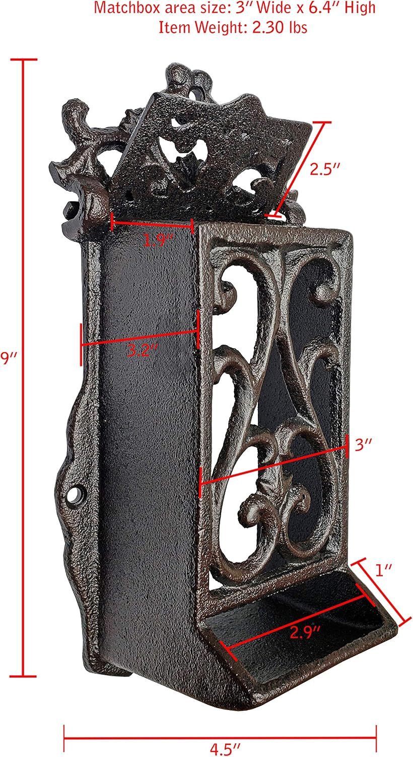 NACH Cast Iron Matchbox Holder, Vintage Matches Box for Long Matches, Antique Black Match Holder, Rustic Wooden Matches Holder, Decorative Storage Box for Matchboxes, Metal Matchbox Holder, JS-92-003