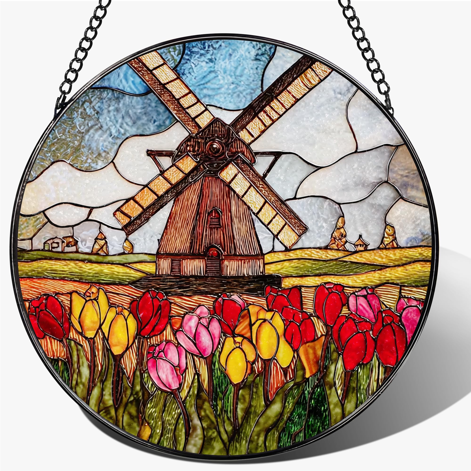 Stained Glass Window Hanging - 7.8" Dutch Windmill Tulip Field Suncatcher, Sun Catchers Indoor Window Ornament, Housewarming Gift, Mother's Day, Birthday Gifts for Mom, Grandma, Nature & Garden Lovers