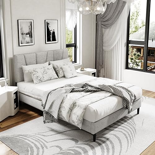 Miniatura 15 de Base de cama plataforma tamaño Queen con cabecero tapizado, soporte de listones de madera, sin ruido, no necesita somier, fácil montaje, gris claro,