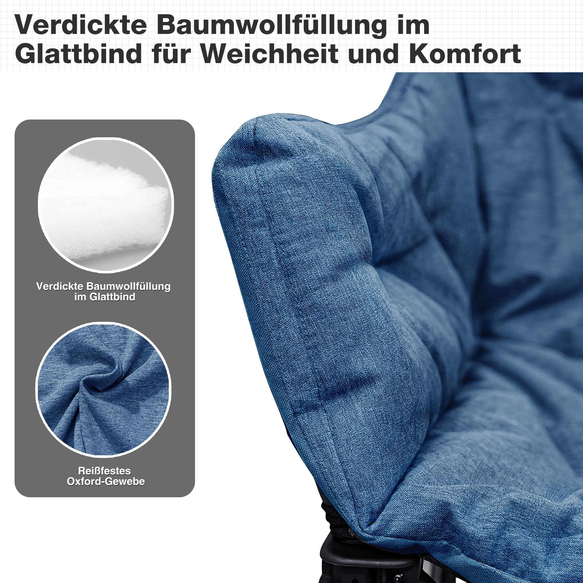 Chaise de camping double pliable, canapé de camping pour 2 personnes, taille XXL | Canapé de camping rembourré, banc de camping pliable, avec 2 places, jusqu'à 320 kg, pour extérieur, jardin, balcon, bleu