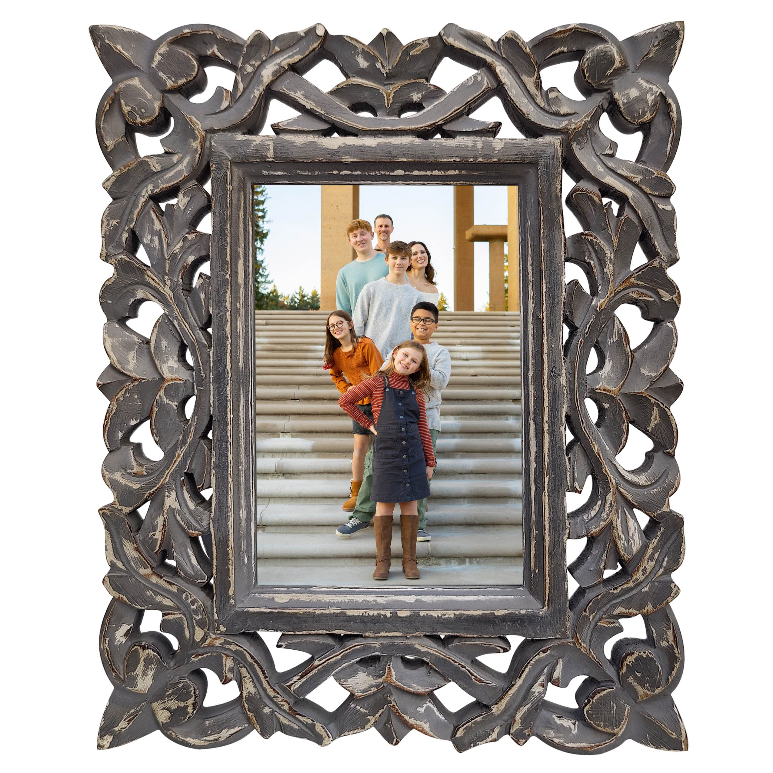 Wooden Picture Frame - Table Top Photo Frame - Home & Farmhouse Decorative - 4x6 Frame - Rustic - Solid Wood - For Both Portrait & Landscape Pictures - Hand Carved by Indian Artisan
