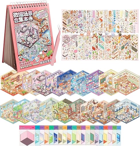 20 Sets 3D Sticker Therapy Scene Material Book,DIY 3D House Stickers Set for Adults,Rich Collection of 3D Space Stickers and Storage Spiral Notebook,Room Sticker Book for Adults