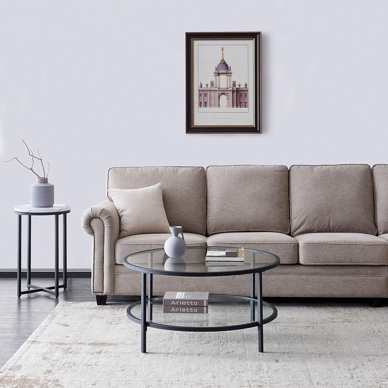 36in Modern Round Shelf Storage Coffee Table with Large Storage Space, Glass Accent Side Tables for Living Room, Dining Room, Metal Frame (White, Glass Surface)