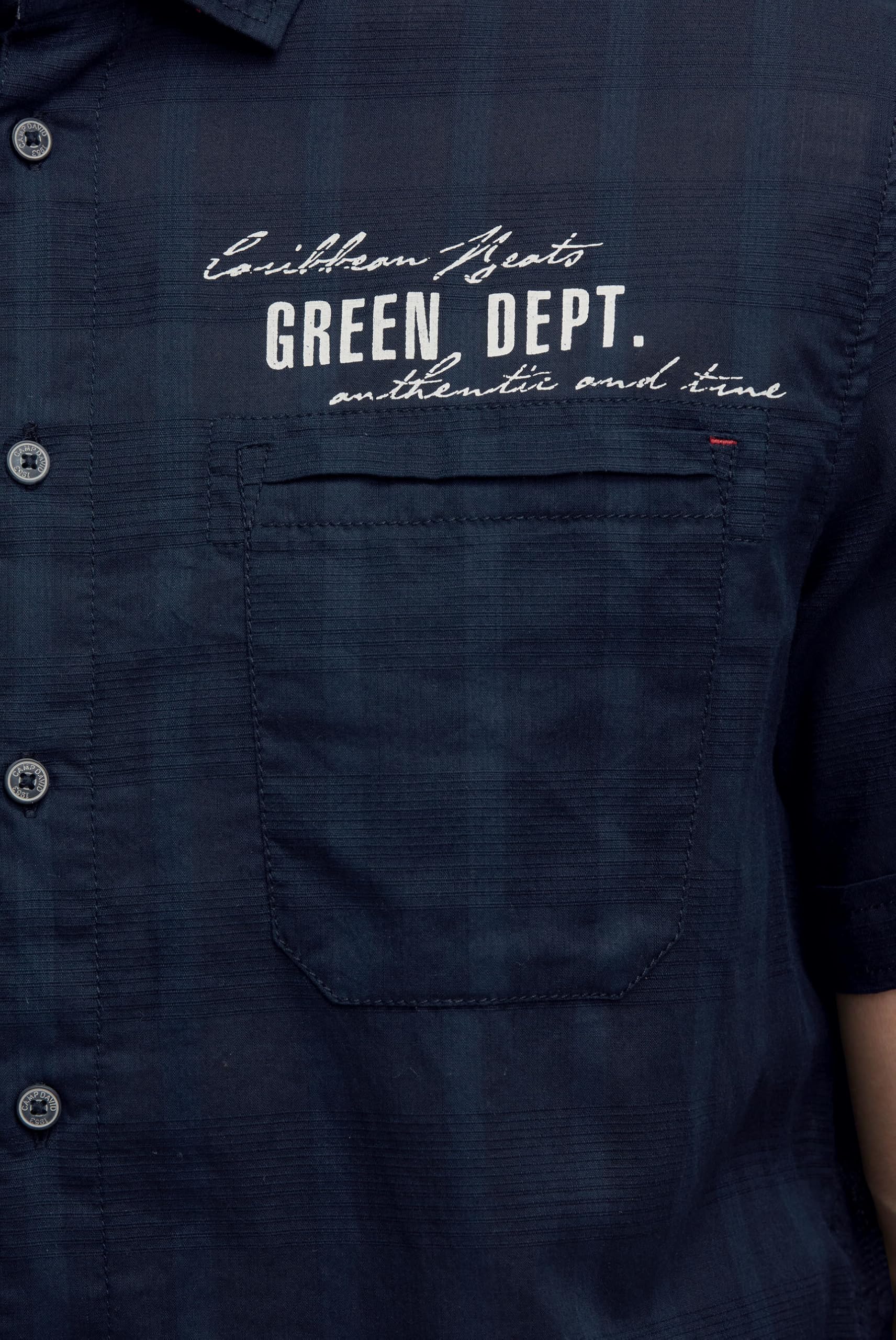 Camp David Herren Kurzarmhemd 100% Baumwolle Regular Fit Webstruktur mit Logo Prints Sommer Freizeithemd