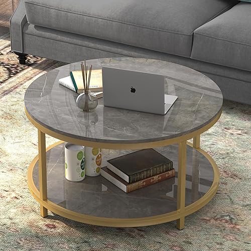 Miniatura 9 de Mesa auxiliar redonda de 33.6 pulgadas para sala de estar, mesa circular moderna con patas de marco de metal dorado resistentes y parte superior de