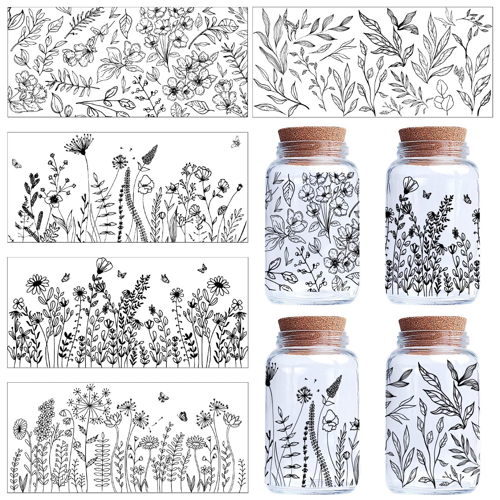 CREATCABIN 5 Sheets Flower Transfer Stickers for Glass Cups Rub on Transfers Decal Clear UV DTF Cup Wrap Transfer PVC Waterproof Wildflower Vintage