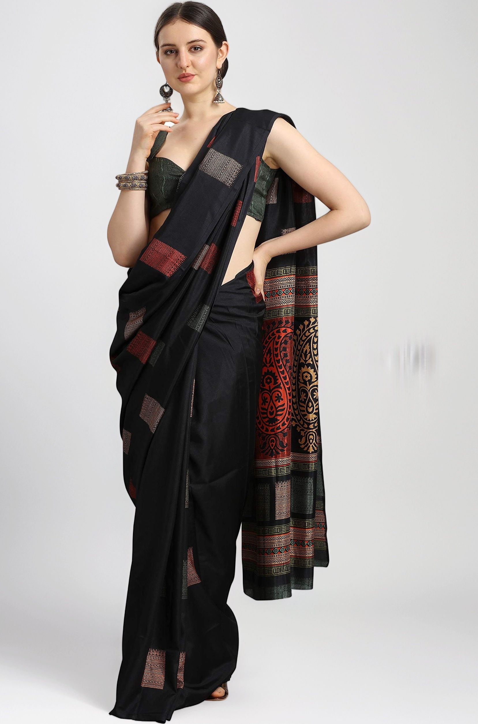 EthnicJunction Women's Silk Blend Printed Saree With Blouse Piece