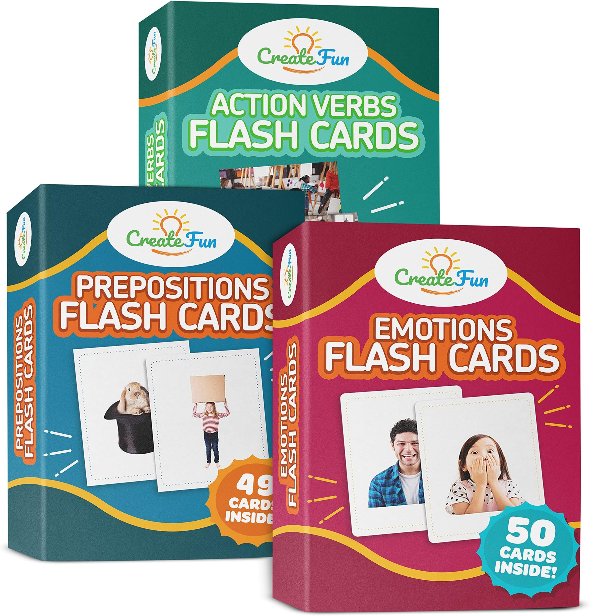 Prepositions, Emotions & Action Verbs Bundle Flash Cards