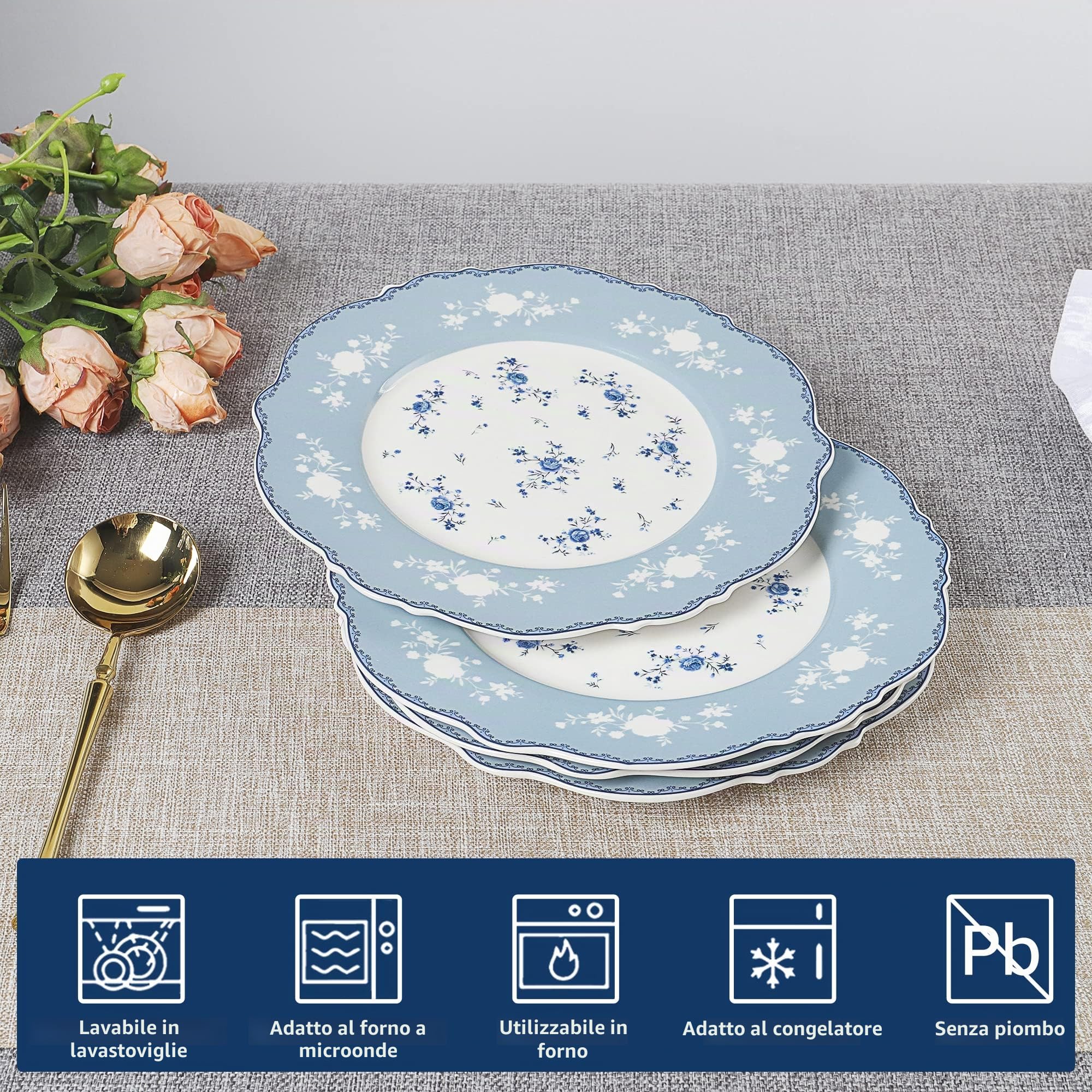 fanquare Set di 4 Piatti da Dessert in Porcellana, 20.8cm Piatti da Insalata Floreale Blu, Servizio Piatti con Bordo Oro per Regali