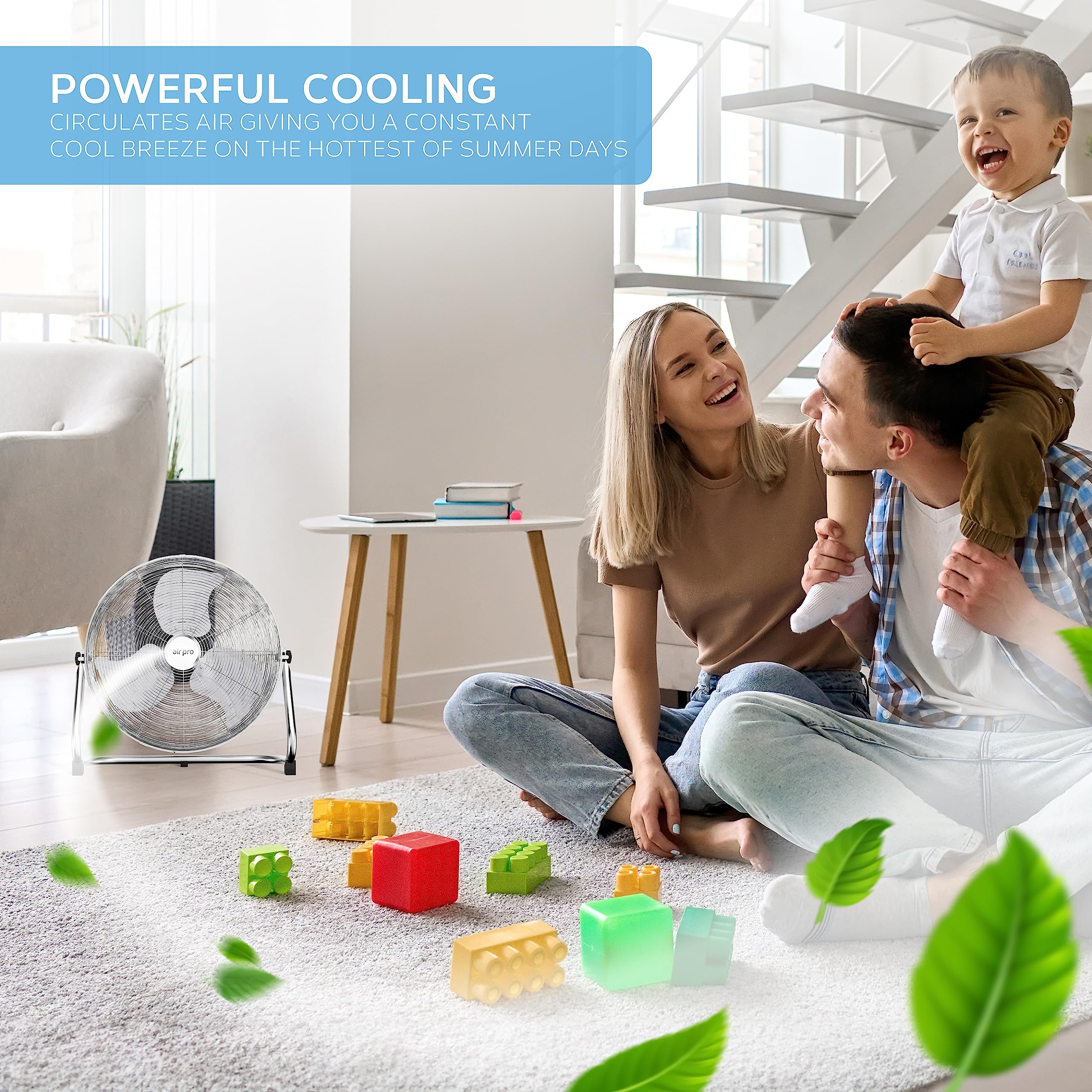 Air Pro 20" Floor Fan - Powerful Air Cooling & Circulating Fan with 3 Speed Setting & Adjustable Tilt - Indoor Home, Office, Gym Fan Quiet Portable Electric Fan with Metal Blade & Body 1.6m Long Cable