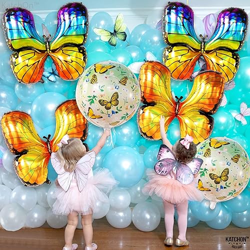 Miniatura 5 de KatchOn, Globos gigantes de mariposa azul y amarillo, paquete de 6, globos de mariposa arcoíris de Mylar  globos redondos de mariposa  Globo de