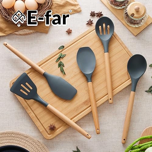Miniatura 7 de E-far Juego de Utensilios de Cocina de Silicona, Juego de Utensilios de Cocina de 5 Piezas con Mango de Madera para Cocinar, Herramientas de Cocina