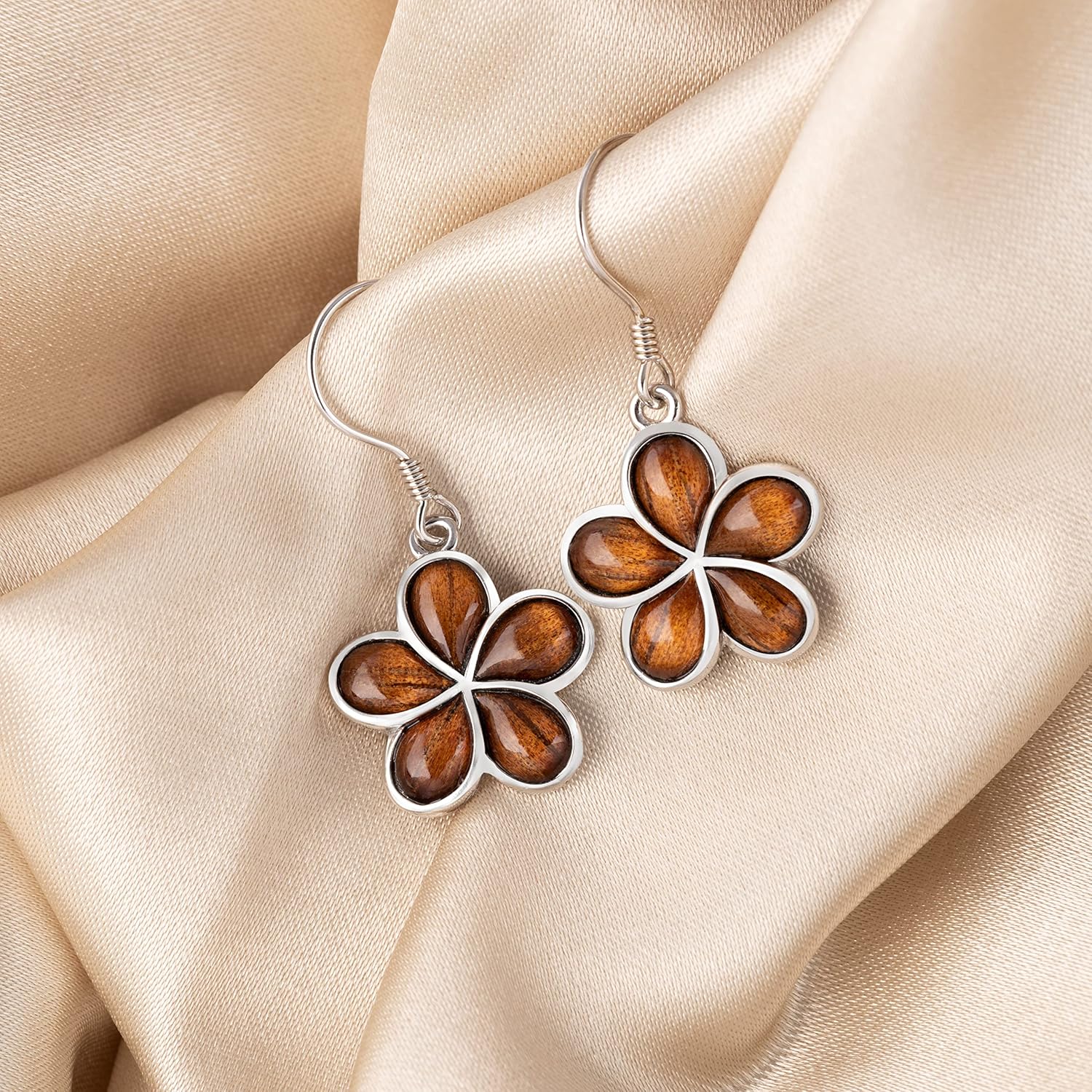 925 Sterling Silver Koa Wood Hawaiian Plumeria Dangle Hook Earrings, Nickle Free Hypoallergenic for Sensitive Skin, Rhodium Finished, Gift Box Included - Image 3