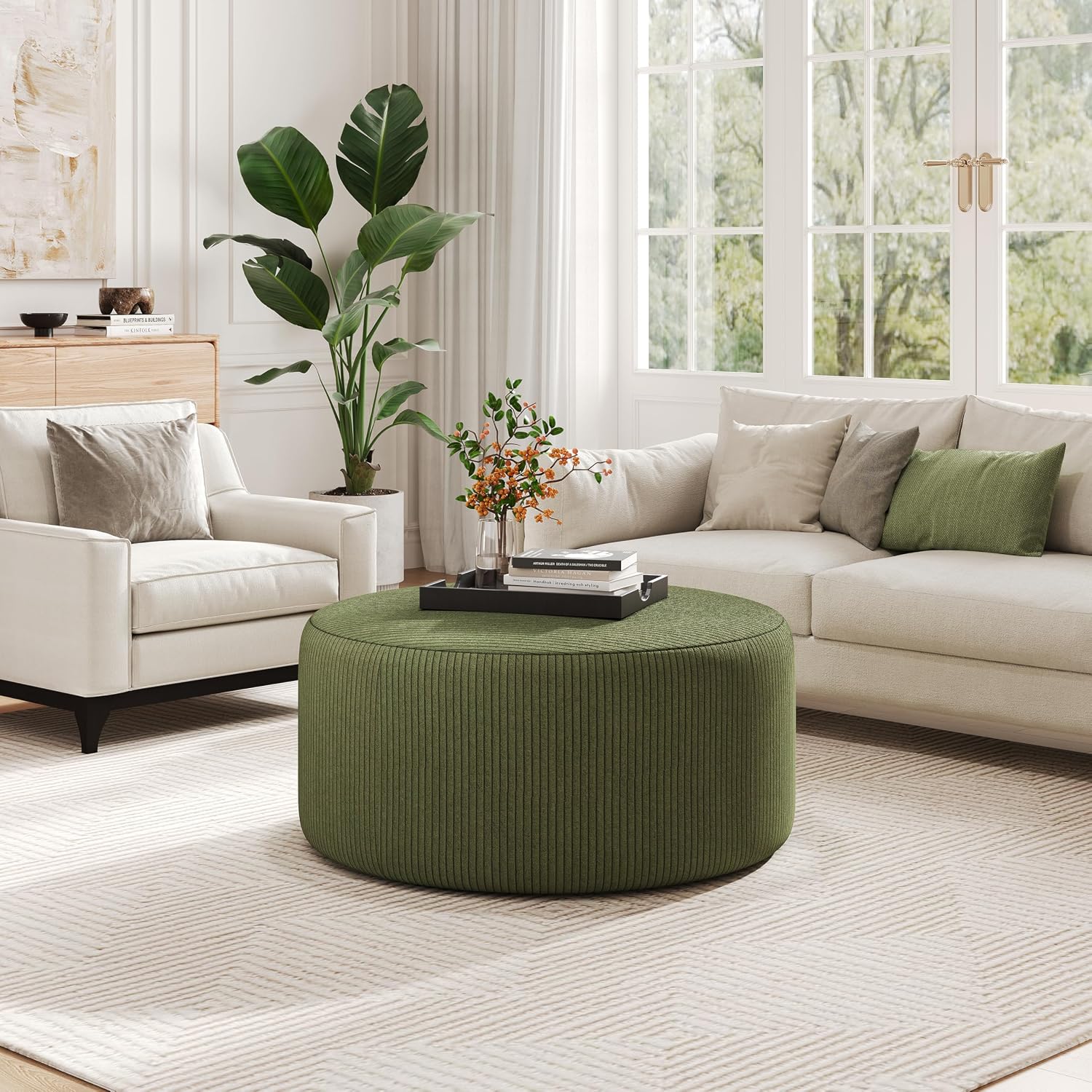 Christopher Knight Home GAVI Corduroy Ottoman Foot Stool, 30" Pouf Footstool Ottoman Seat, Upholstered Foot Chair, Round Footrest, Modern Side Table for Living Room Bedroom Home Decor, Olive Green