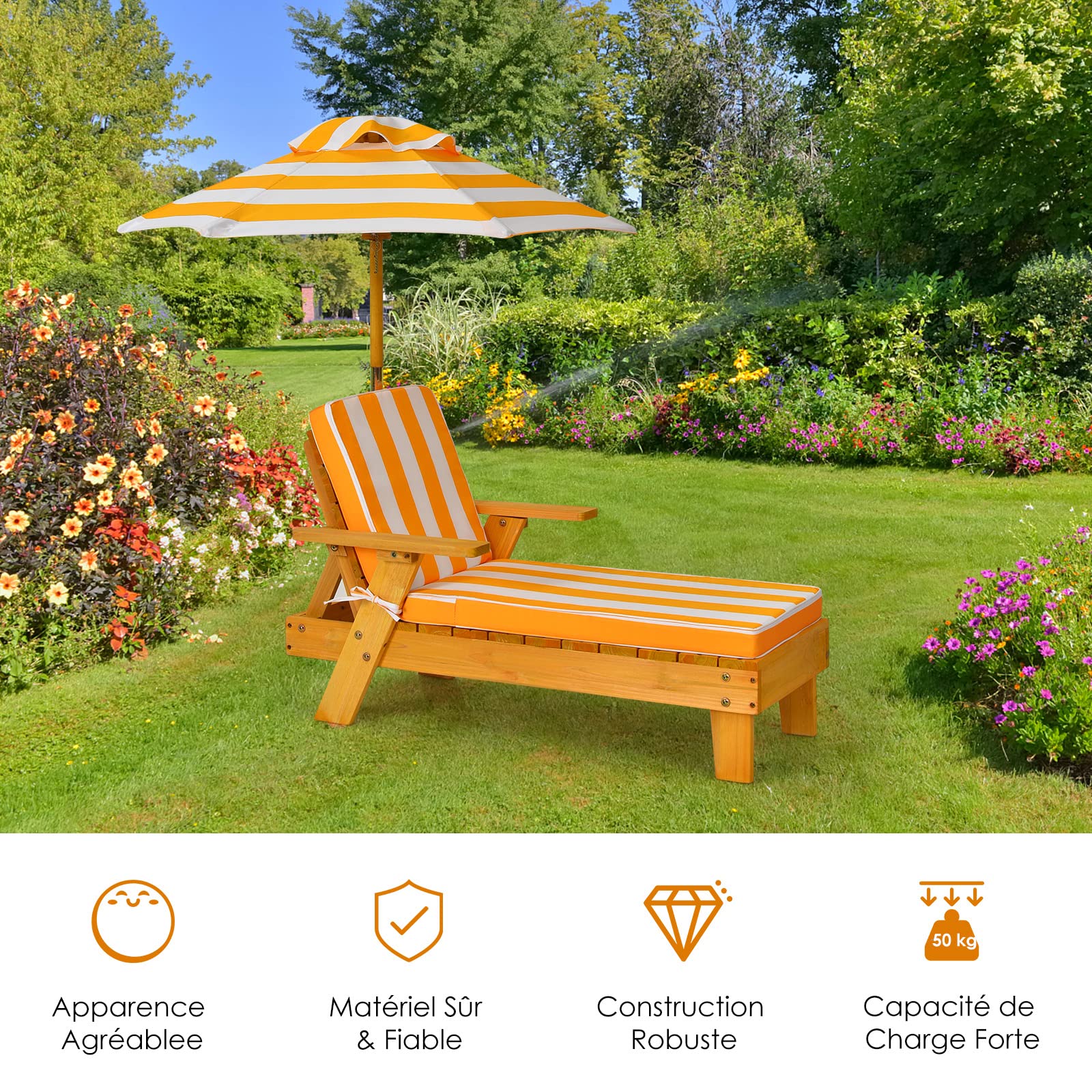 GOPLUS Chaise Longue Enfant avec Parasol, Transat de Jardin Extérieur pour Bain de Soleil, Salon de Jardin pour Plage, Camping, Patio, Charge 50KG, 92x49x106 CM
