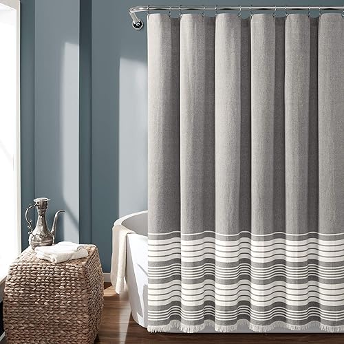 Lush Decor - Cortina de regadera de borlas de algodón teñido en hilado Nantucket, 72" de ancho x 72" de largo, gris - Cortinas de regadera grises