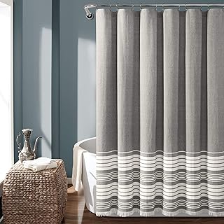 Lush Decor Nantucket Yarn Dyed Cotton Blend Tassel Fringe Shower Curtain Single 72" W x 72" L Gray - Gray Shower Curtains for Bathroom Curtain