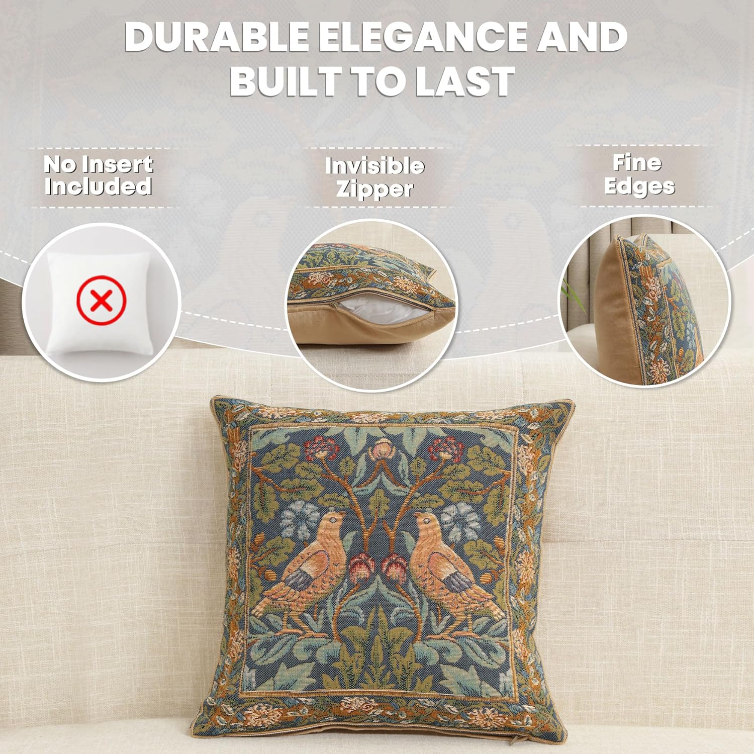 Charlotte Home Furnishings Throw Pillow Cover for Couch 14X14 in, Brother Bird Decorative Pillow Cover for Bed, Small Tapestry Square Cushion Cases Cozy Decor, Soft European Cotton Jacquard Woven