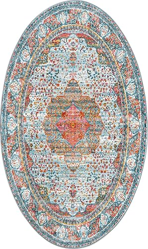 Miniatura 2 de Unique Loom Baracoa Collection - Alfombra malecón (3 pies 3 pulgadas x 5 pies 3 pulgadas, ovalada, azul claronaranja)