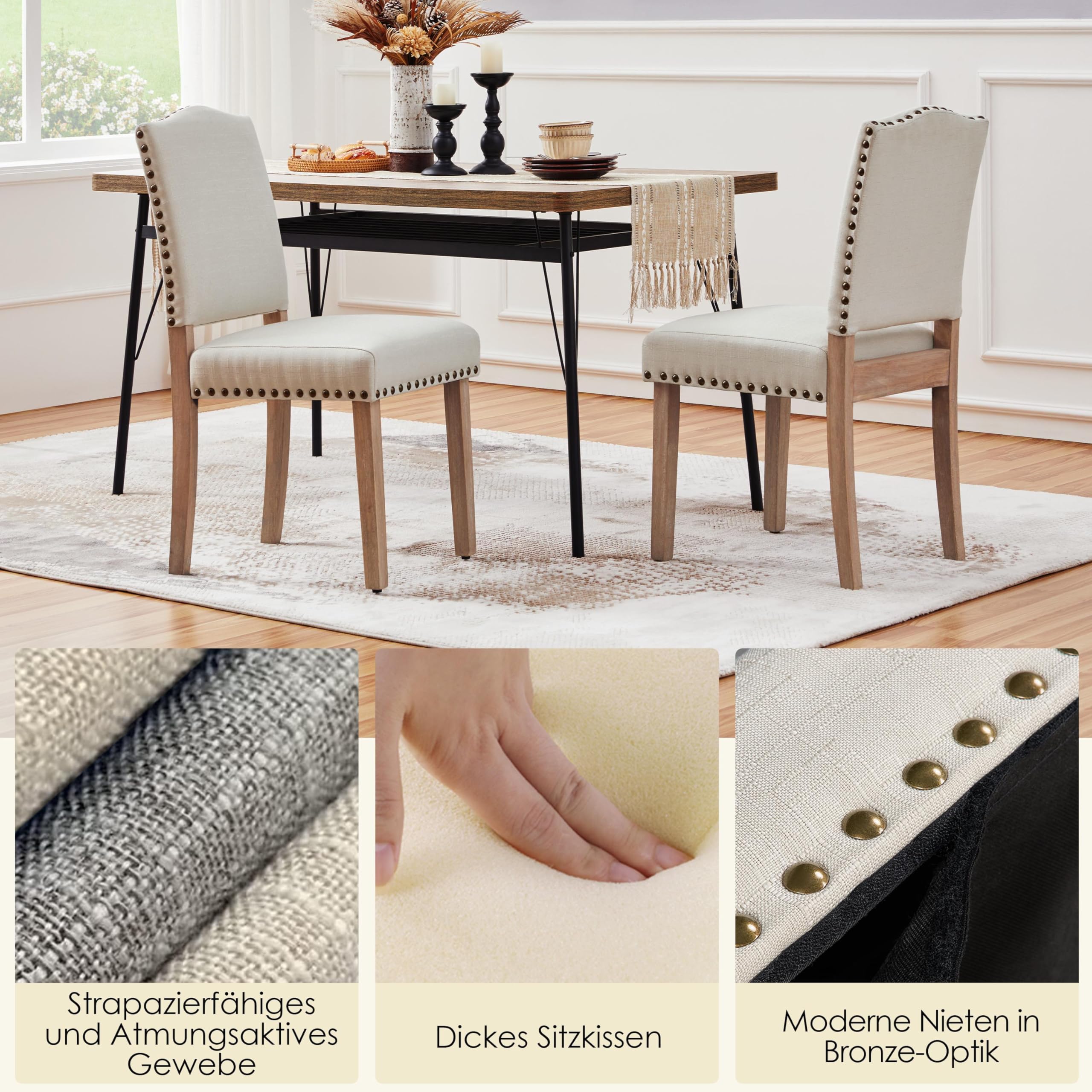 Yaheetech 2er Set Esszimmerstühle Stühle gepolstert, Modern Küchenstuhl bequemer Polsterstuhl, belastbar bis 136 kg, fürs Esszimmer/Küche/Wohnzimmer, beige