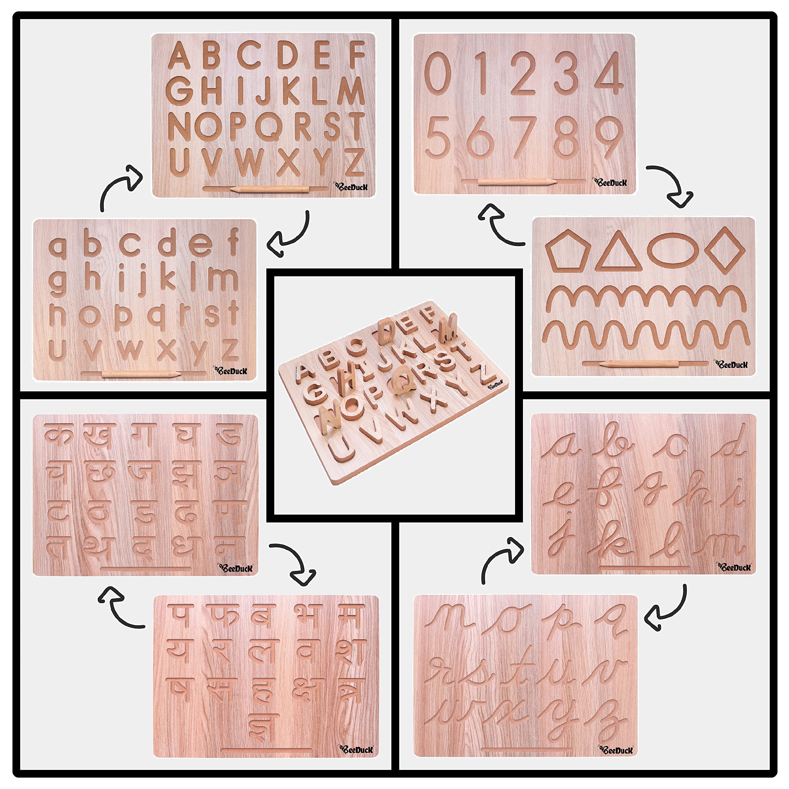 BeeDuck® Capital & Small, Cursive and Hindi Alphabet, Number and Patten and Alphabet Puzzle Traching Board With Dummy Pencil To Write | Writing and Reading Learning Toys for Your 2+ Years Old Kids (COMBO OF 5 BOARD CAP&SMA_ALPH, CURSIVE_ALPH, HINDI_ (B09VGVV54V) Amazon Price History, Amazon Price Tracker
