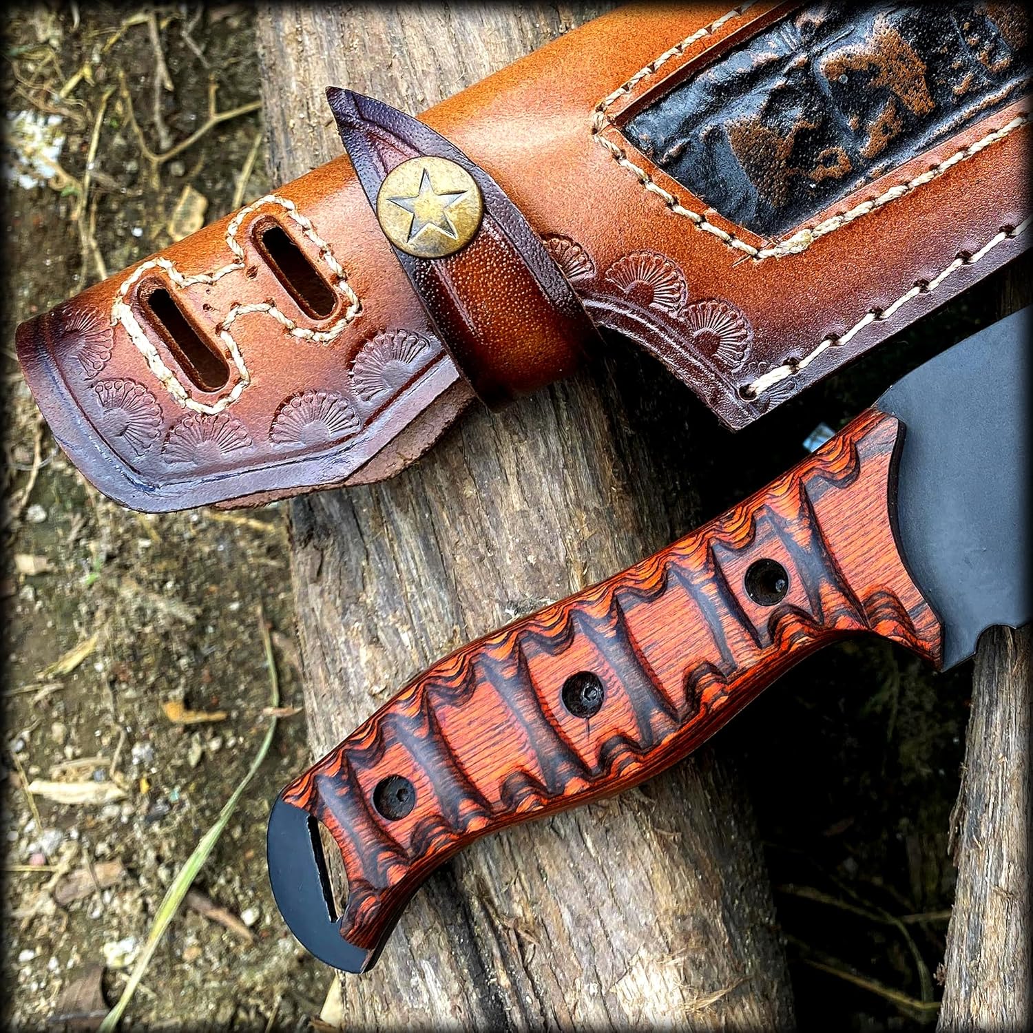 Fixed blade knife Hunting Knife with leather sheath Densified Wood handle,Bush craft, Camping, with Cowhide Leather Sheath – BWF-977